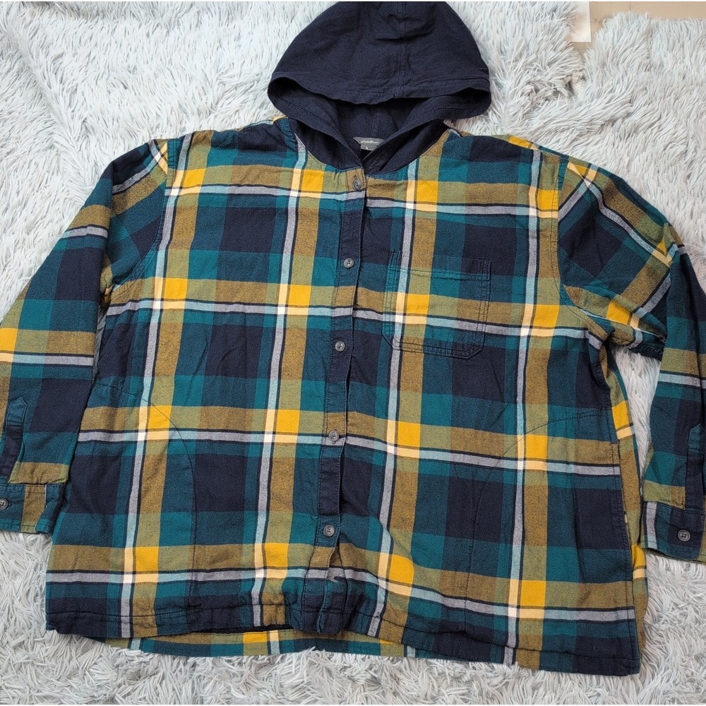 Eddie Bauer Jacket Womens XXL Plaid Hoodie Shacket Cozy Chore Work Pockets